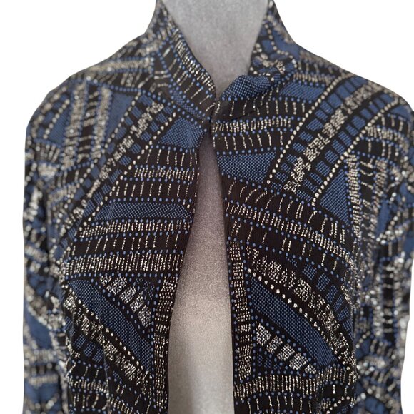 Alex Evenings Womens Open Front Jacket XL Black & Blue Geometric Print 3/4 Sleev - Picture 2 of 6